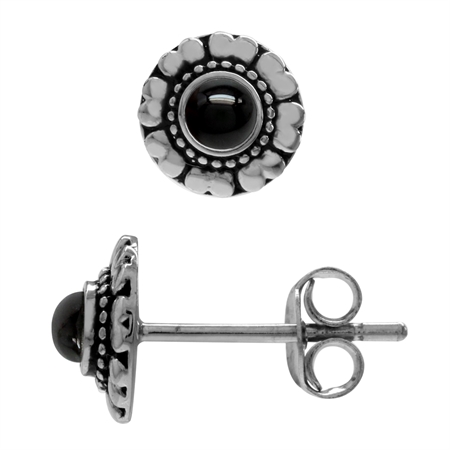 Petite Created Black Onyx 925 Sterling Silver Southwest Inspired Stud Earrings