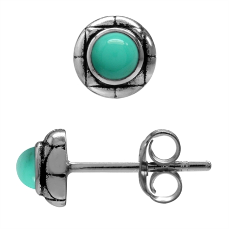 3MM Extra Petite Round Shape Created Green Turquoise 925 Sterling Silver Stud Earrings