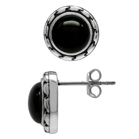 8MM Round Shape Created Black Onyx 925 Sterling Silver Stud/Post Earrings