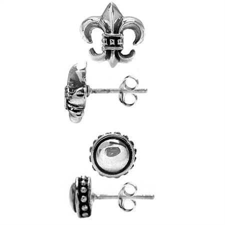 Petite 2-Pair Set 925 Sterling Silver Fleur De Lis & Balinese Style Casual Teens/Girls Stud Earrings