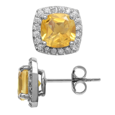 2.68ct. 7MM Natural Cushion Shape Citrine 925 Sterling Silver Halo Stud Earrings