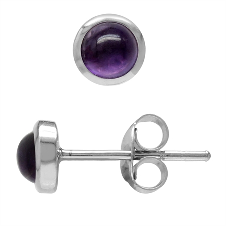 4MM Petite Round Shape Cabochon Amethyst White Gold Plated 925 Sterling Silver Stud Earrings