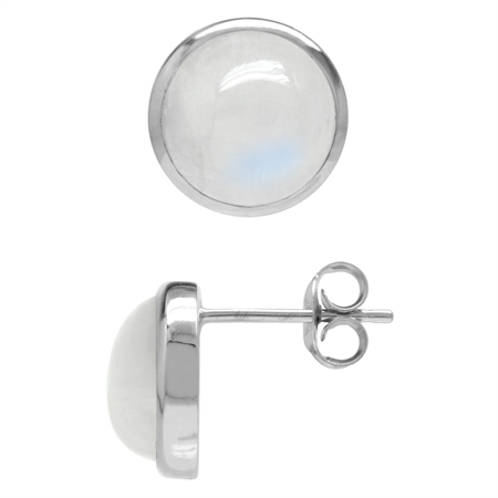 10MM Natural Round Shape Moonstone White Gold Plated 925 Sterling Silver Stud/Post Earrings