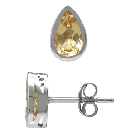 1.48ct. 8x5MM Natural Pear Shape Citrine White Gold Plated 925 Sterling Silver Stud Earrings