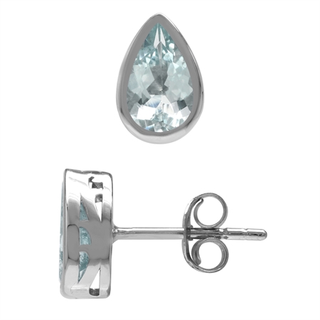 1.38ct. 8x5MM Genuine Pear Shape Blue Aquamarine White Gold Plated 925 Sterling Silver Stud Earrings
