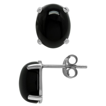 Natural Oval 10x8 MM Black Onyx 925 Sterling Silver Stud Earrings