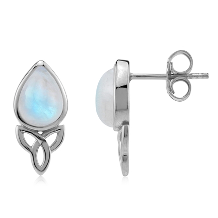 Rainbow Moonstone Triquetra Celtic Knot 925 Sterling Silver Stud Post Earrings