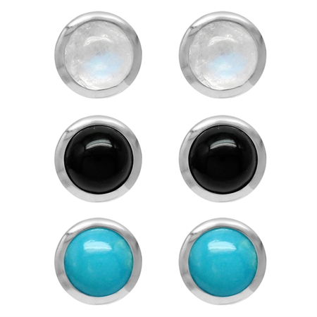 4MM Natural Moonstone, Onyx & American Turquoise 925 Sterling Silver Stud Earrings Set of 3 Pairs