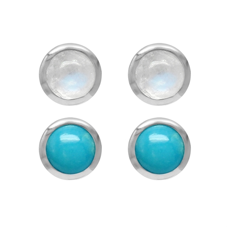 4MM Petite Moonstone and American Turquoise 925 Sterling Silver Stud Earrings Set of 2 Pairs