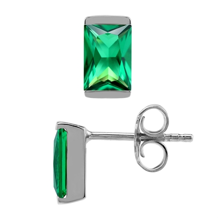 7X5mm Baguette Created Nano Green Emerald 925 Sterling Silver Business Attire Stud Post Earrings