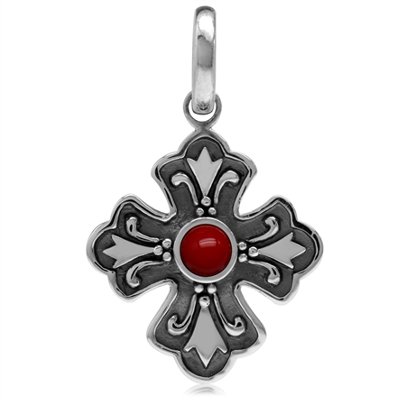 Created Red Coral 925 Sterling Silver Victorian Inspired Cross Pendant