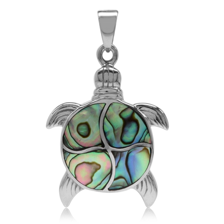 Abalone/Paua Shell Inlay White Gold Plated 925 Sterling Silver Turtle/Sealife Pendant