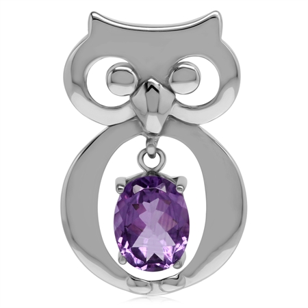 1.73ct. Natural February Birthstone Amethyst 925 Sterling Silver Wise Owl Pendant