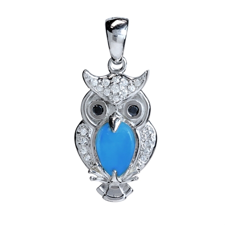 Created Blue Turquoise & CZ White Gold Plated 925 Sterling Silver Wise Owl Pendant