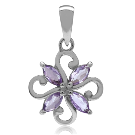 Natural Amethyst White Gold Plated 925 Sterling Silver Victorian Style Flower Pendant