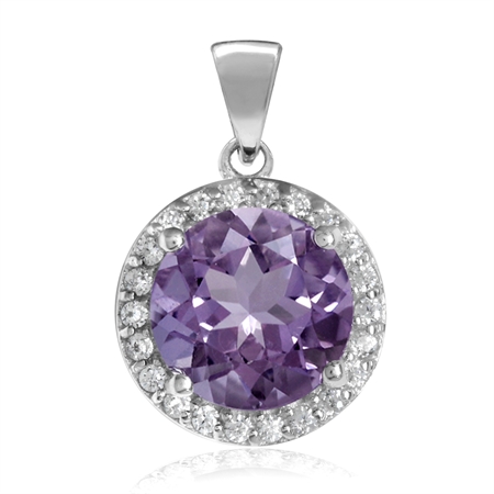 2.54ct. 9MM Natural Round Shape Amethyst White Gold Plated 925 Sterling Silver Halo Pendant