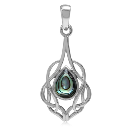 Abalone/Paua Shell White Gold Plated 925 Sterling Silver Celtic Knot Drop Solitaire Pendant
