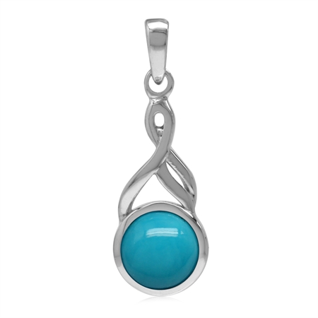 7MM Genuine Round American Turquoise White Gold Plated 925 Sterling Silver Casual Solitaire Pendant