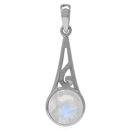9MM Natural Round Shape Moonstone White Gold Plated 925 Sterling Silver Filigree Swirl Pendant