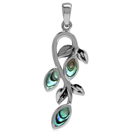 Marquise Shape Abalone/Paua Shell Inlay 925 Sterling Silver Leaf Vintage Inspired Pendant