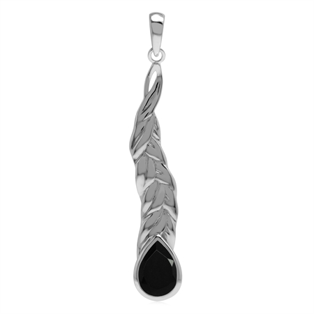Natural 10x7 mm Black Onyx Stone 925 Sterling Silver Long Leaf Stick Drop Pendant