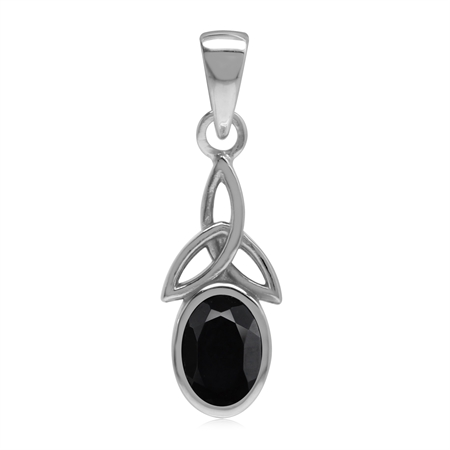 Natural Black Onyx White Gold Plated 925 Sterling Silver Triquetra Celtic Knot Pendant