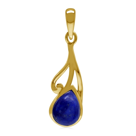 Natural 9x7 MM Blue Lapis Lazuli 925 Sterling Silver Yellow Gold Plate Contemporary Swirl Pendant