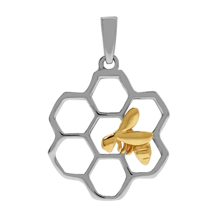925 Sterling Silver Hexagon Honeycomb Beehive with Yellow Gold Honey Bee Pendant