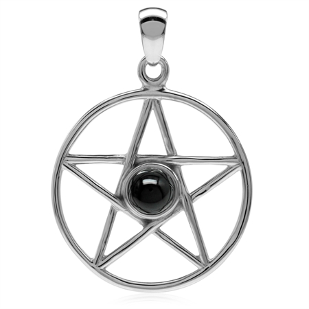 Natural Black Onyx Stone 925 Sterling Silver Pentagram Star Pentacle Pendant