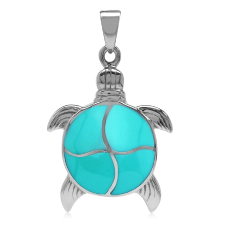 Created Turquoise Inlay White Gold Plated 925 Sterling Silver Turtle Sealife Pendant