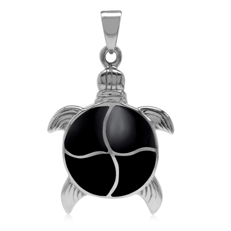 Natural Black Onyx Inlay White Gold Plated 925 Sterling Silver Turtle Sealife Pendant