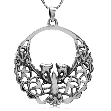 925 Sterling Silver Art Nouveau Filigree Circle Pendant w/ 18 Inch 1MM Box Necklace