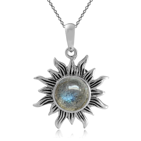 Labradorite 925 Sterling Silver Sun Ray Inspired Pendant w/ 18 Inch Chain Necklace