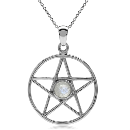 Natural Moonstone 925 Sterling Silver Wiccan Pentagram Star Pendant w/ 18 Inch Chain Necklace
