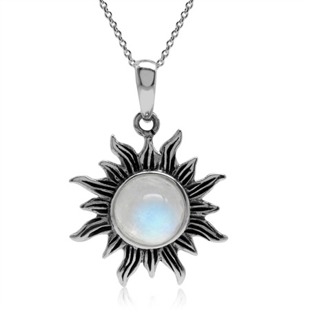 Natural Moonstone 925 Sterling Silver Sun Ray Inspired Pendant w/ 18 Inch Chain Necklace
