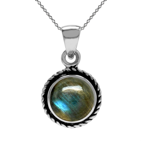 Natural Labradorite 925 Sterling Silver Rope Solitaire Pendant with 18 Inch Chain Necklace Jewelry