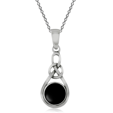 Created Black Onyx Inlay 925 Sterling Silver Celtic Knot Solitaire Pendant w/ 18 Inch Chain Necklace