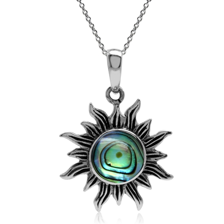 Abalone/Paua Shell 925 Sterling Silver Sun Ray Inspired Pendant w/ 18 Inch Chain Necklace