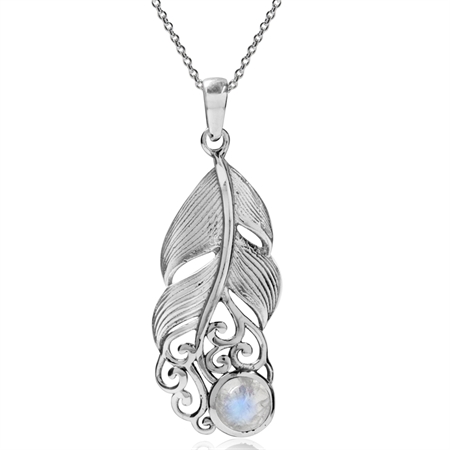 Natural Moonstone 925 Sterling Silver Feather Victorian Style Pendant w/ 18 Inch Chain Necklace