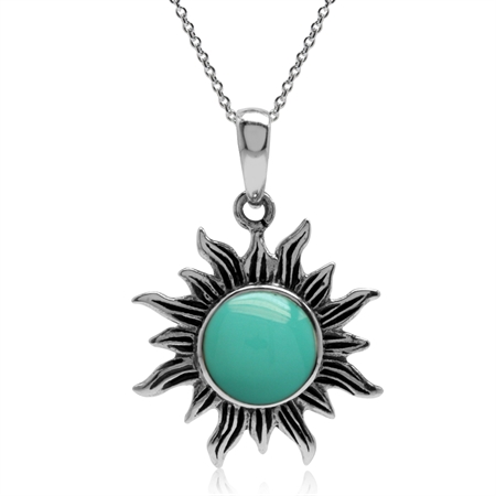 Created Green Turquoise 925 Sterling Silver Sun Ray Inspired Pendant w/ 18 Inch Chain Necklace