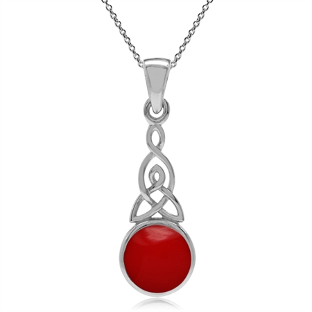 Created Red Coral 925 Sterling Silver Triquetra Celtic Knot Pendant w/ 18 Inch Chain Necklace