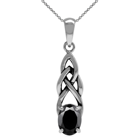 1.58ct. Natural Black Onyx 925 Sterling Silver Celtic Knot Pendant with 18 Inch Chain Necklace