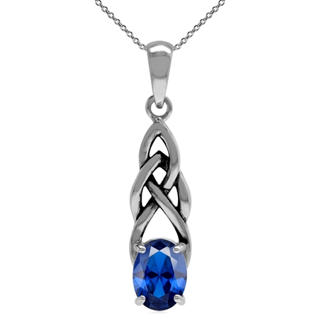 Created Blue Sapphire 925 Sterling Silver Celtic Knot Pendant with 18 Inch Chain Necklace