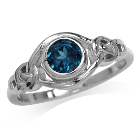 Genuine London Blue Topaz White Gold Plated 925 Sterling Silver Celtic Knot Ring