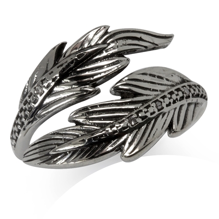 Natural White Diamond 925 Sterling Silver Feather Adjustable Bypass Ring
