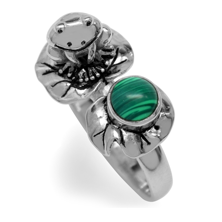 Created Malachite 925 Sterling Silver Lotus Leaf & Frog Ring