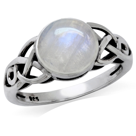 8MM Natural Round Shape Moonstone 925 Sterling Silver Triquetra Celtic Knot Solitaire Ring