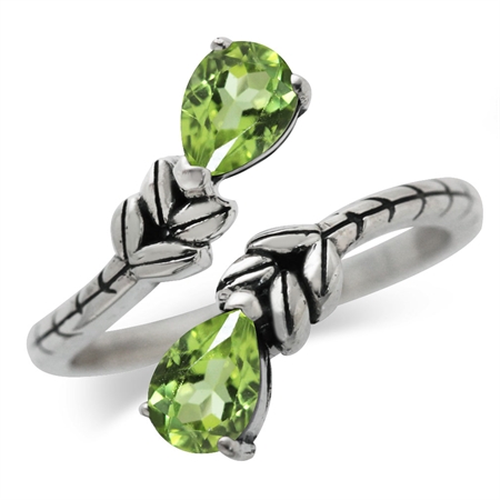 1.62ct. Natural Peridot 925 Sterling Silver Bypass Leaf Adjustable Ring