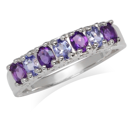 Genuine Tanzanite & African Amethyst White Gold Plated 925 Sterling Silver Journey Ring