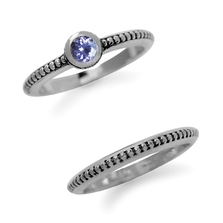 Genuine Tanzanite 925 Sterling Silver 2-Pc Set Stack/Stackable Bali/Balinese Style Ring